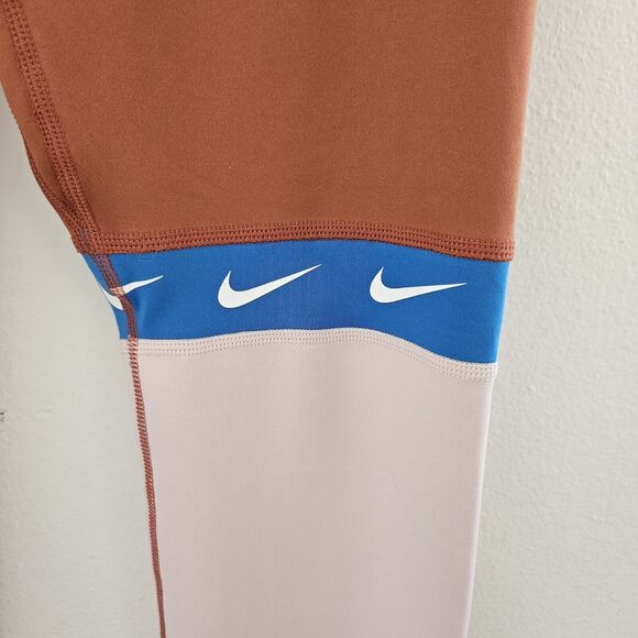 Nike Dri-Fit Womens Leggings sz Small Brown Pink Blue Logo Retro Swoosh - Picture 6 of 9